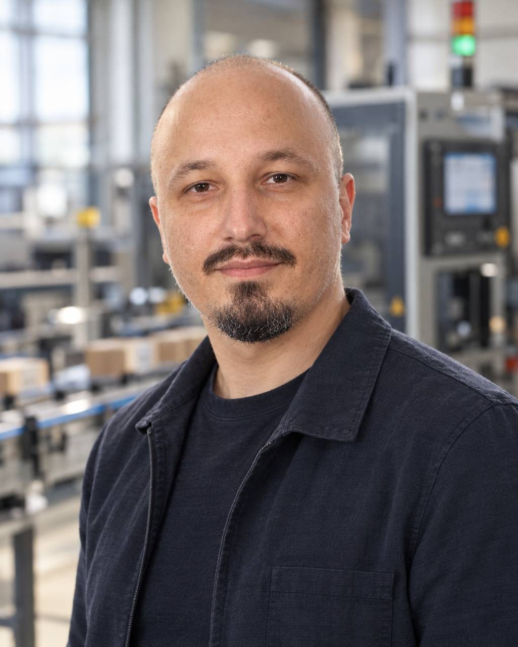 Данила Колесников на производстве, за спиной упаковочная линия и андон-лампа